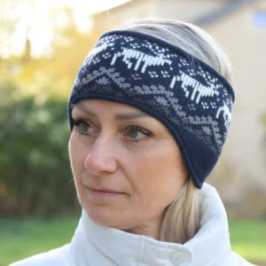 Men & Women Navy Headband with ears Nordic Woolen Head bandage  with reindeer Woollana