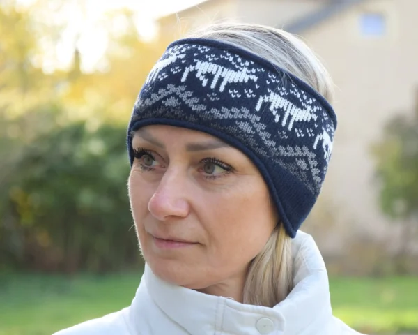 Men & Women Navy Headband with ears Nordic Woolen Head bandage  with reindeer Woollana