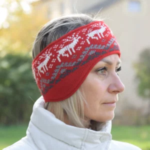 Red Jacquard Headband warmer with reindeer Woollana
