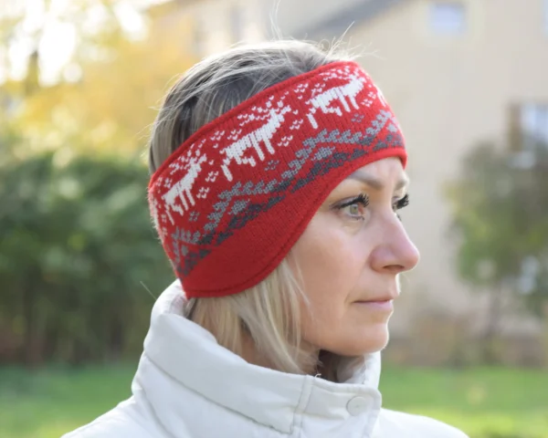 Red Jacquard Headband warmer with reindeer Woollana