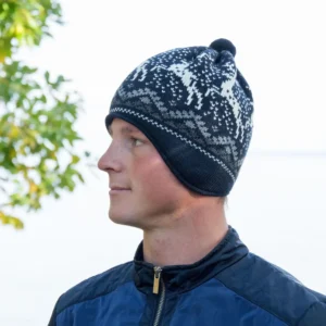 Navy Nordic winter hat with Ear Flops  with reindeer