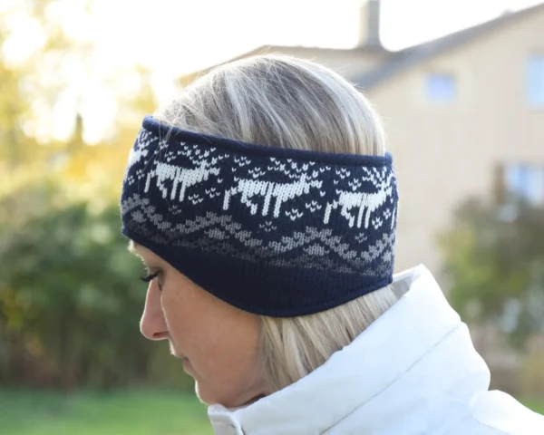 Men & Women Navy Headband with ears Nordic Woolen Head bandage  with reindeer Woollana - Image 2