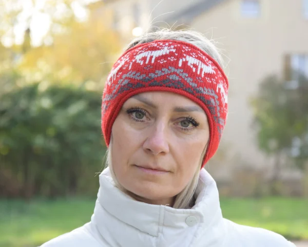 Red Jacquard Headband warmer with reindeer Woollana - Image 2