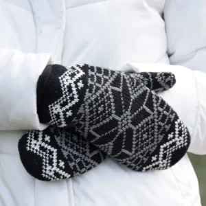 Beautiful Black fleece-lined Nordic woolen Mittens with Scandinavian Fair Isle pattern