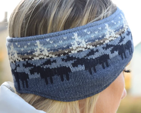 Blue Jacquard Headband with ears warmer with reindeer  Woollana - Image 3