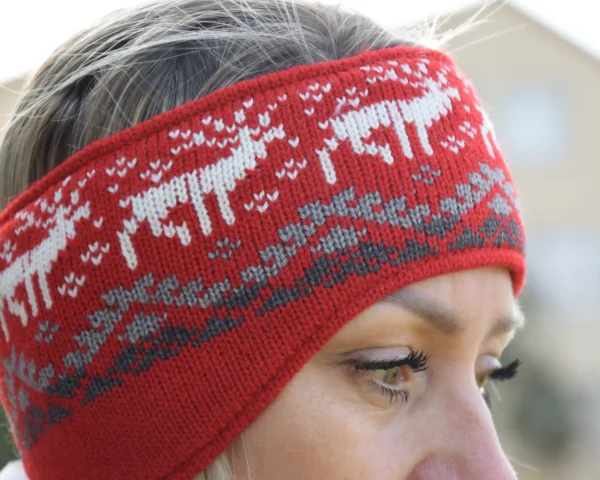Red Jacquard Headband warmer with reindeer Woollana - Image 3