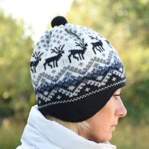 Black & White winter Hat with Ear Flops  with reindeer