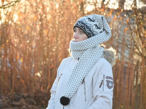 Black & White  Long Scandinavian Woolen winter Hat with reindeer - Image 2