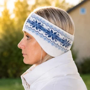 Blue Headband with Ears, Fair Isle Ear Warmer, Scandinavian Wool Ski Band for Women with Selbu Stars