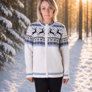 White Wool Cardigan with Blue Fair Isle Pattern, Traditional Nordic Sweater for Women, Reindeer Icelandic Jumper, Zip-Up Wool Knit