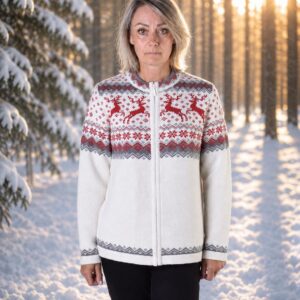White Wool Cardigan with Red Fair Isle Pattern, Traditional Nordic Sweater for Women, Reindeer Icelandic Jumper, Zip-Up Wool Knit