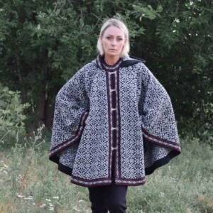 Woolen poncho with beautiful Fair Isle pattern Nordic Icelandic cape on the Norwegian clasps for Women Hooded
