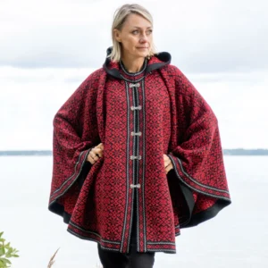 Black and Red Woolen poncho with Fair Isle pattern Nordic Icelandic cape on the Norwegian clasps