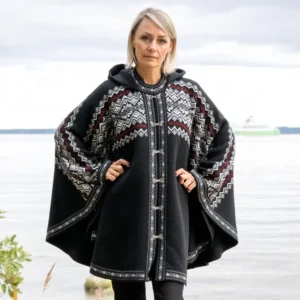 Black Woolen poncho with red Fair Isle pattern Hooded Nordic cape on the Norwegian clasps for Women