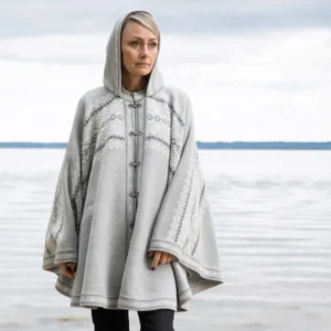 Light Gray Woolen poncho with Fair Isle pattern Hooded Nordic cape on the Norwegian clasps for Women