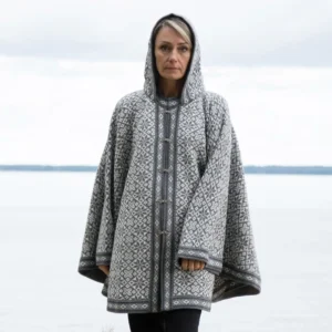 Gray Woolen poncho with Fair Isle pattern Nordic Icelandic cape for cold days on the Norwegian clasps