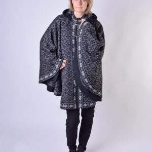 Black Woolen poncho with grey Fair Isle pattern Hooded Nordic cape on the Norwegian clasps for Women