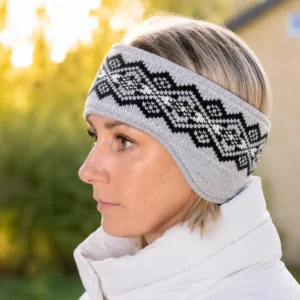 Gray Headband with Ears, Fair Isle Ear Warmer, Scandinavian Wool Ski Band for Women with Geometric pattern