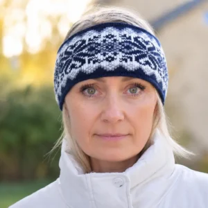 Navy Headband, Fair Isle Ear Warmer, Scandinavian Wool Headband for Women with Nordic Reindeer