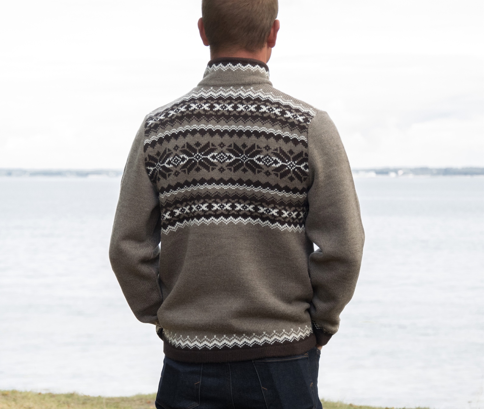 Brown cardigan with Nordic pattern on the zipper with fleece lined neck - Image 3