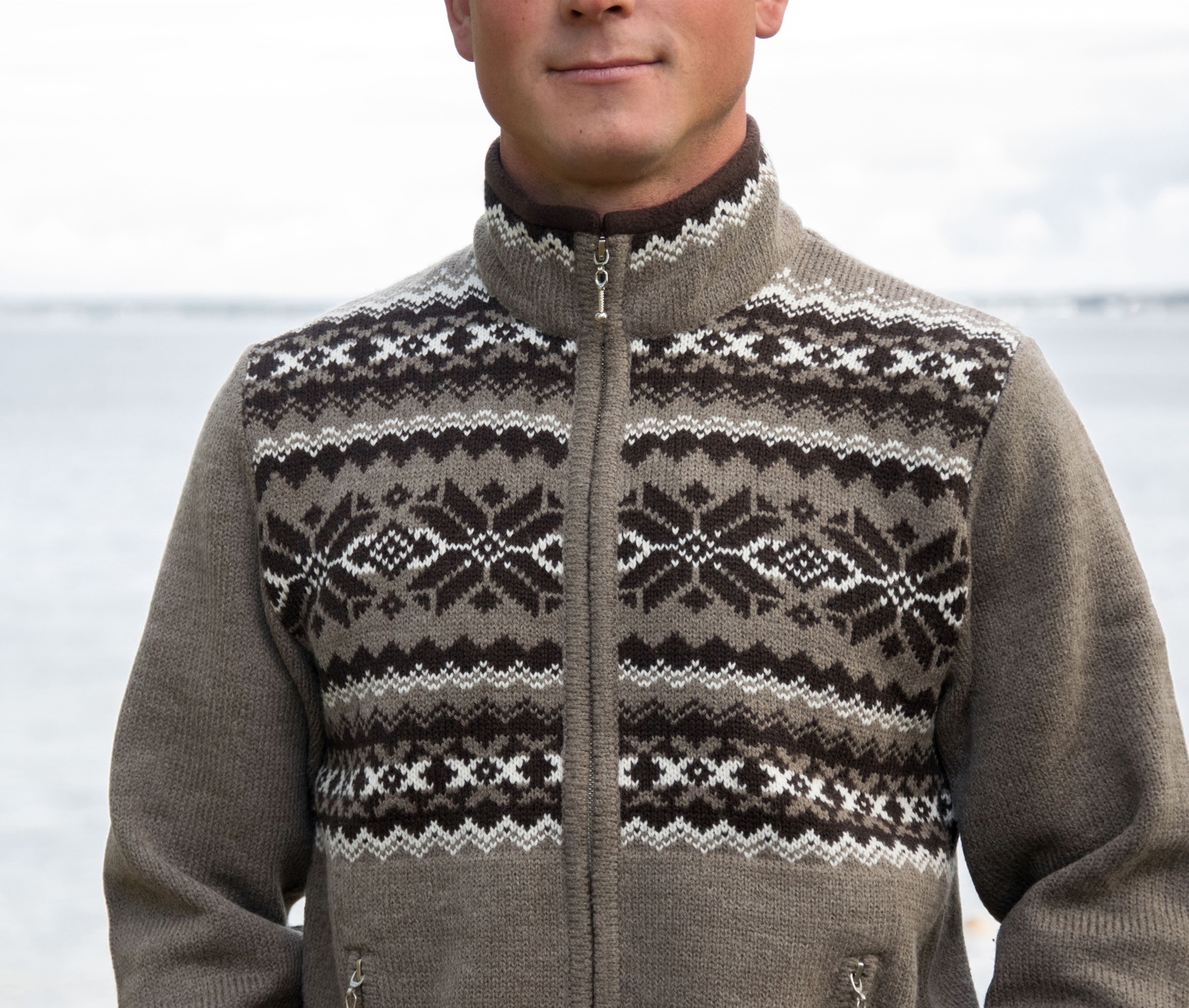 Brown cardigan with Nordic pattern on the zipper with fleece lined neck - Image 2